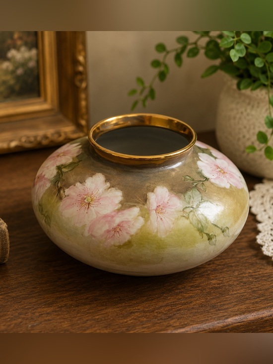 Other - Hand painted Flat Floral Vase gold trim signed Linda Hart